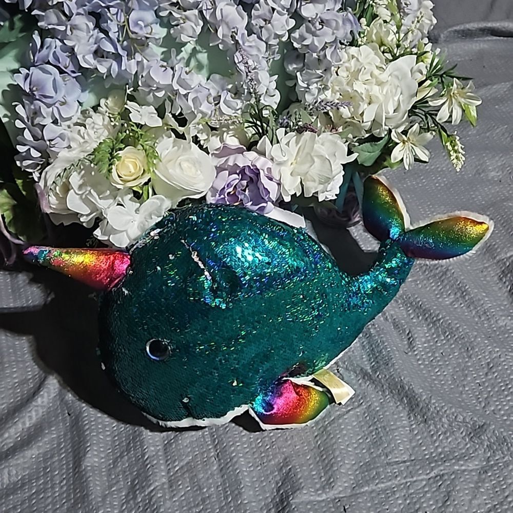 Dan Dee 🎁 Teal Sequin Stuffed Narwhale with  Rainbow Fins, Tail & Horn LARGE